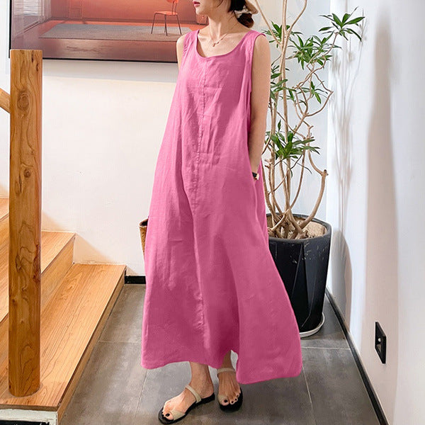Women's Cotton Linen Sleeveless Maxi Dress with Pockets