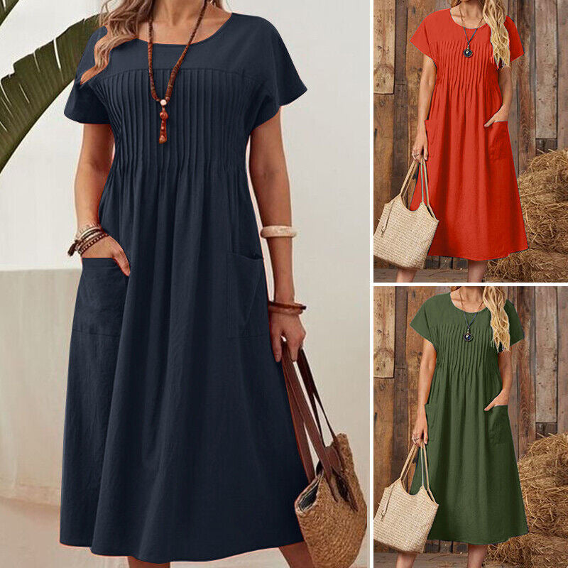 Women's Cotton Linen Pleated Dress with Pockets and Sleeves