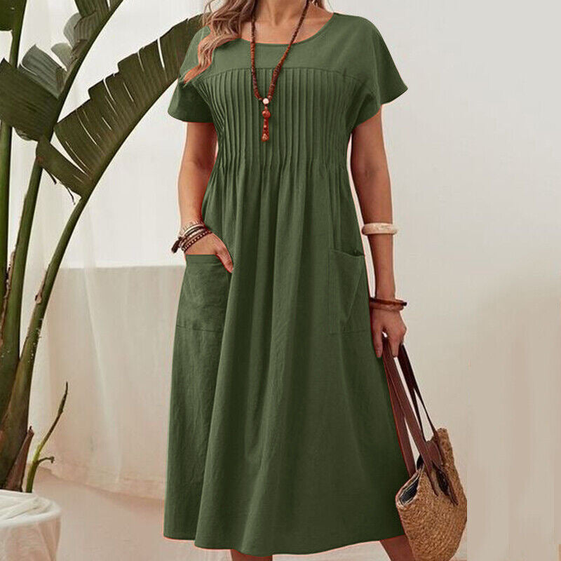 Women's Cotton Linen Pleated Dress with Pockets and Sleeves