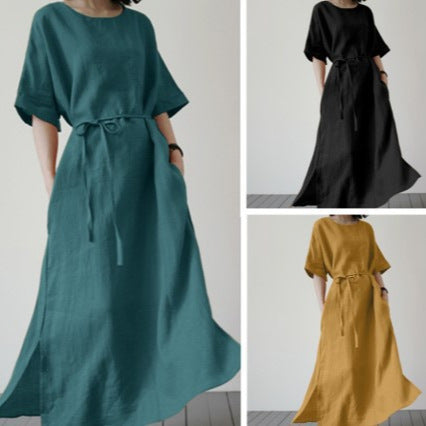 Women's Cotton Linen Belted Maxi Dress with Split Hem