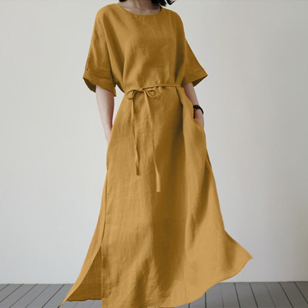Women's Cotton Linen Belted Maxi Dress with Split Hem