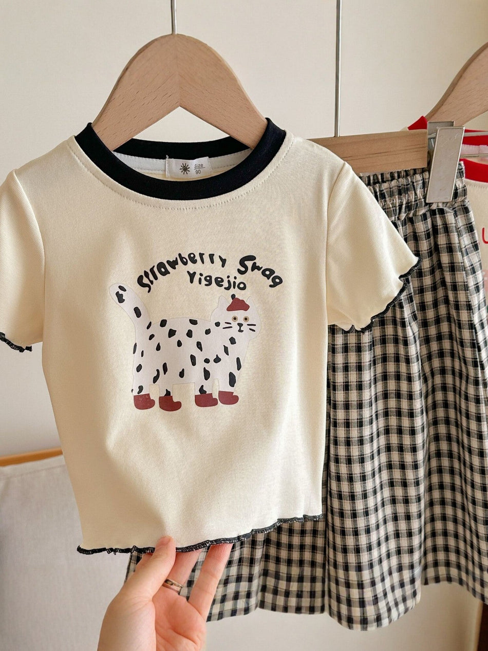 Girls Cute Cartoon T-Shirt and Plaid Skirt Set