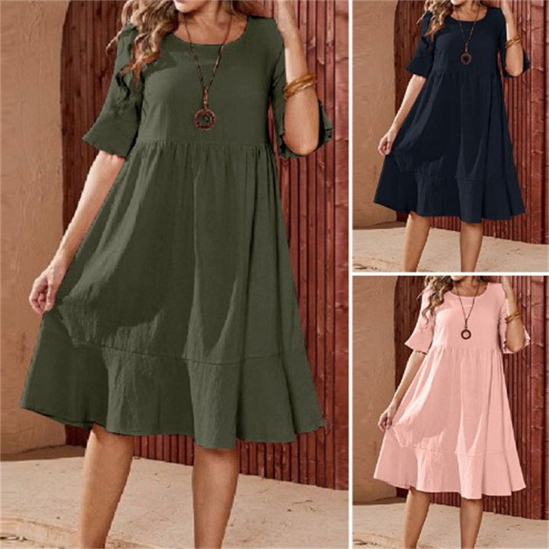 Women's Cotton Linen Pleated Midi Dress with Flared Sleeves