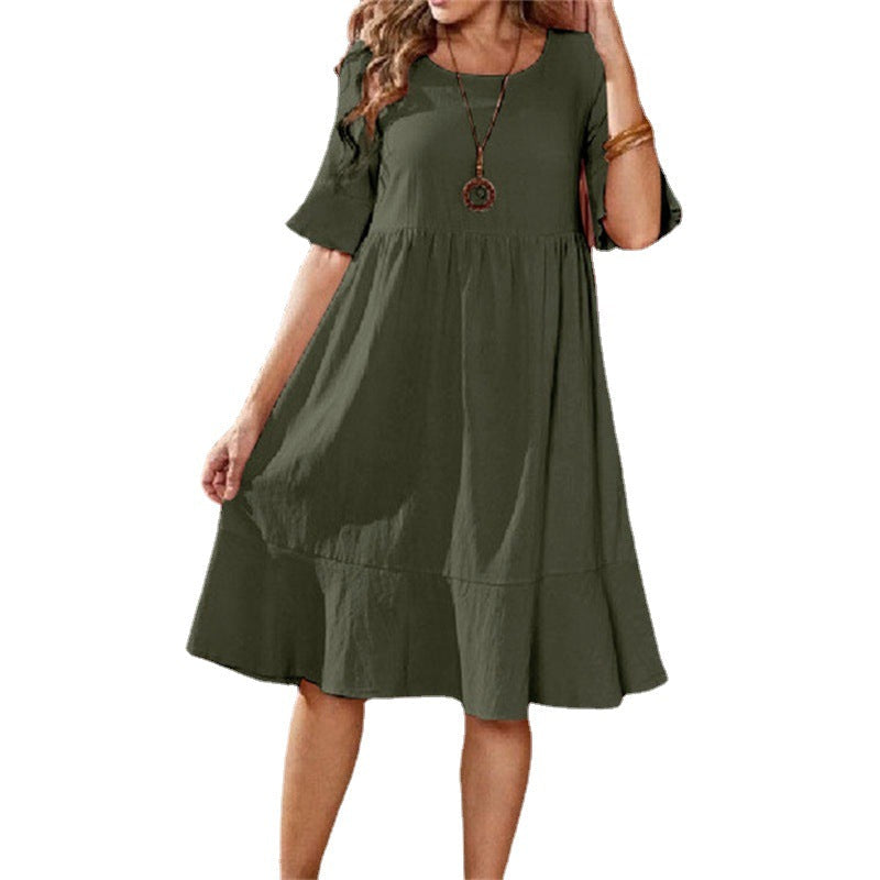 Women's Cotton Linen Pleated Midi Dress with Flared Sleeves