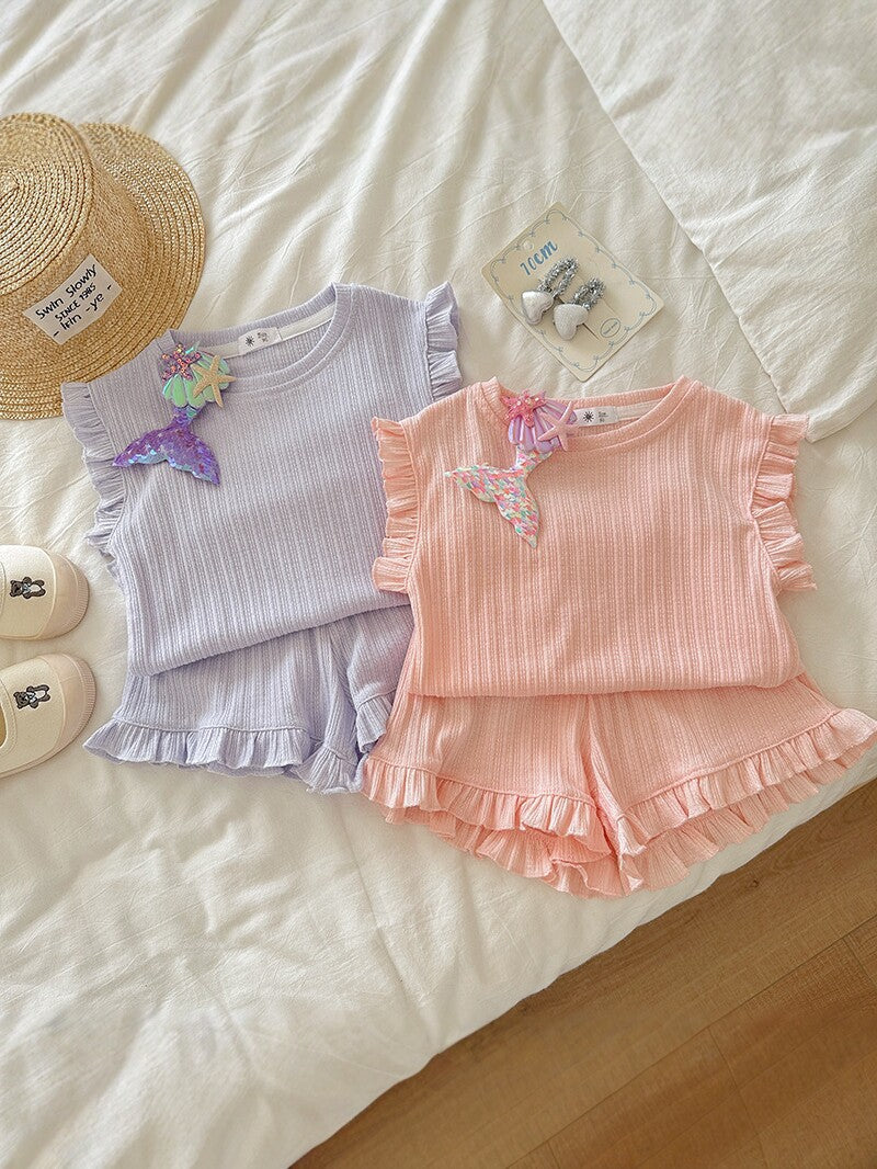 Girls Korean Style Sleeveless Vest and Shorts Set
