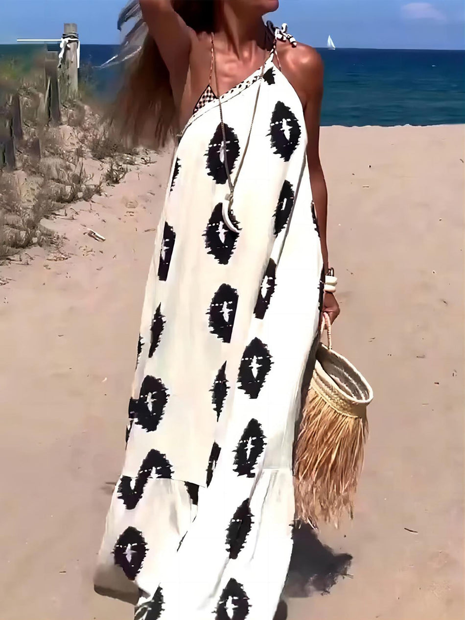 Women's One-Shoulder Lace Bohemian Printed Maxi Dress