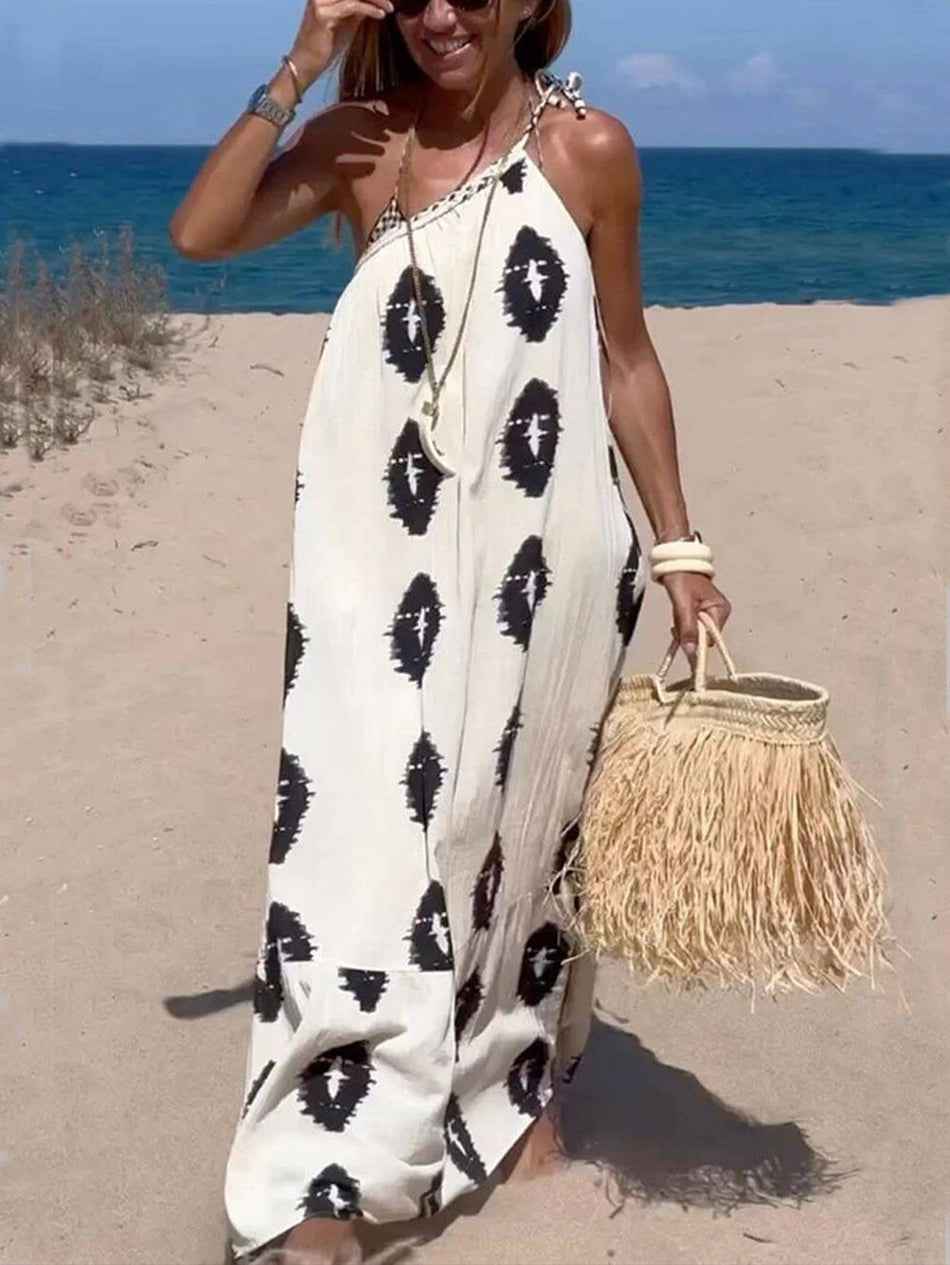 Women's One-Shoulder Lace Bohemian Printed Maxi Dress