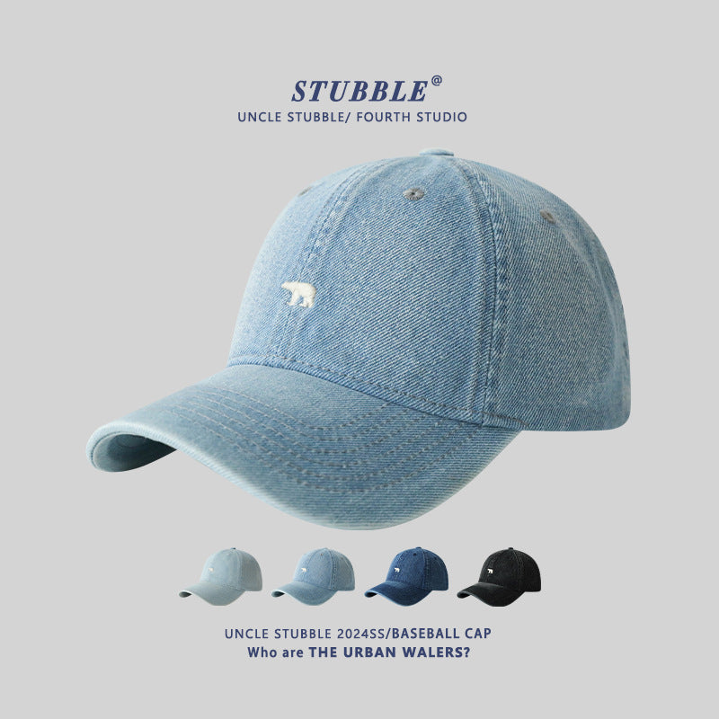 Polar Bear Embroidered Denim Baseball Cap with Wide Brim