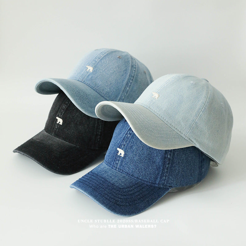 Polar Bear Embroidered Denim Baseball Cap with Wide Brim