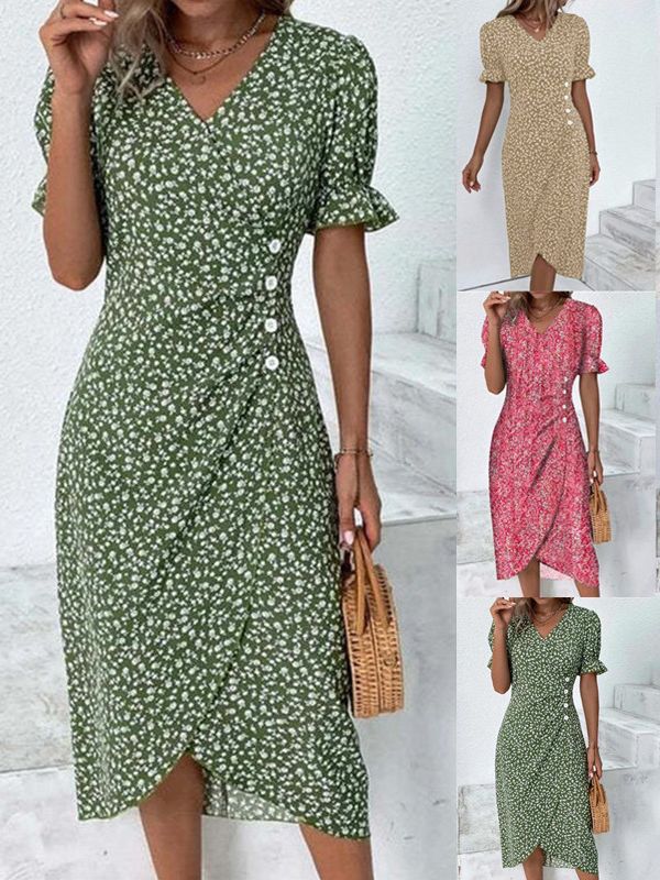 Women's V-Neck Floral Print Dress with Irregular Hem
