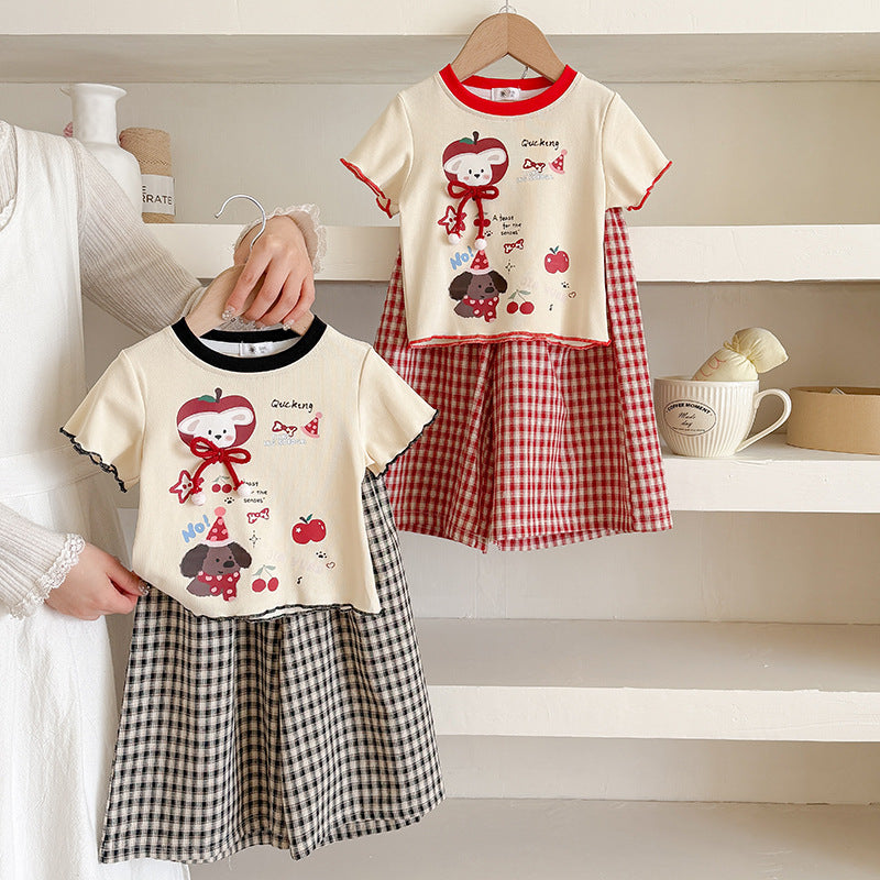 Girls Korean Style T-Shirt and Plaid Shorts Set