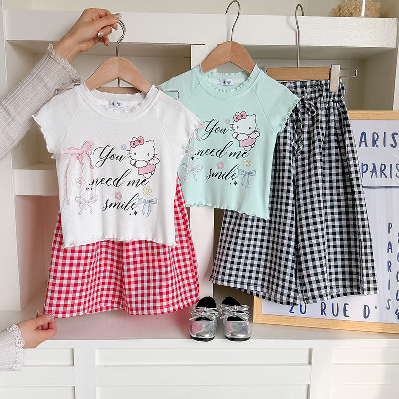 Girls Korean Style Cartoon T-Shirt and Plaid Shorts Set