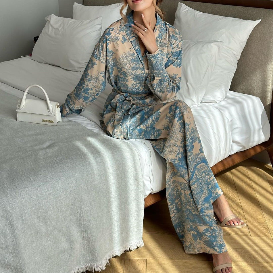 Women's Printed Lace-Up Shirt and Wide-Leg Pants Set
