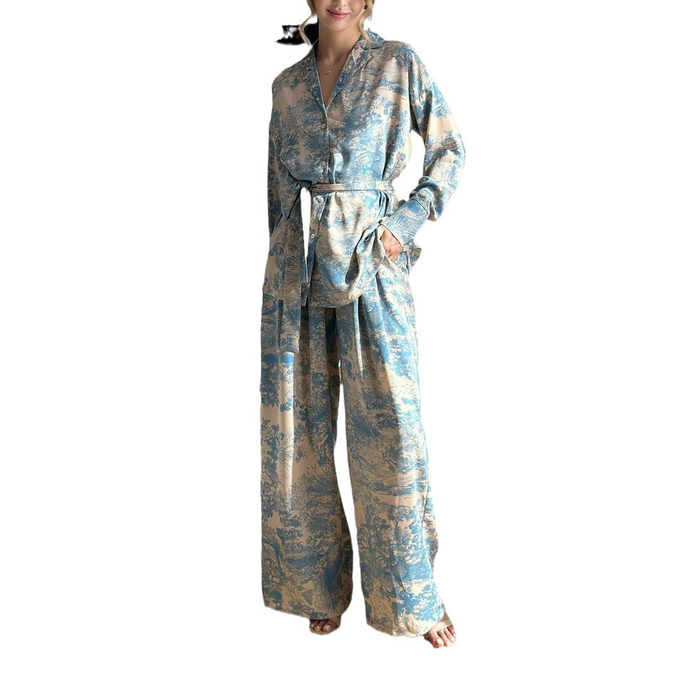 Women's Printed Lace-Up Shirt and Wide-Leg Pants Set
