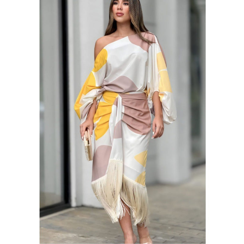 Women's Printed Lantern Sleeve Top and Fringe Hem Skirt Set