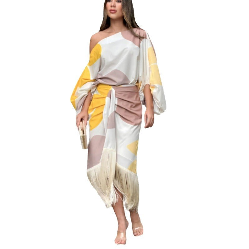 Women's Printed Lantern Sleeve Top and Fringe Hem Skirt Set