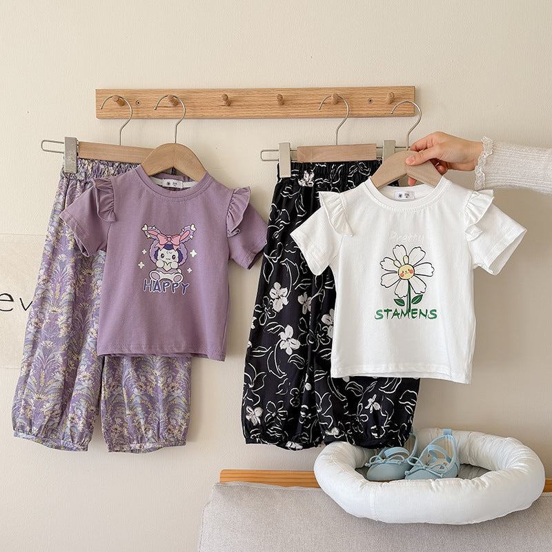 Girls Korean Style Ruffled Short-Sleeve and Long Pants Set