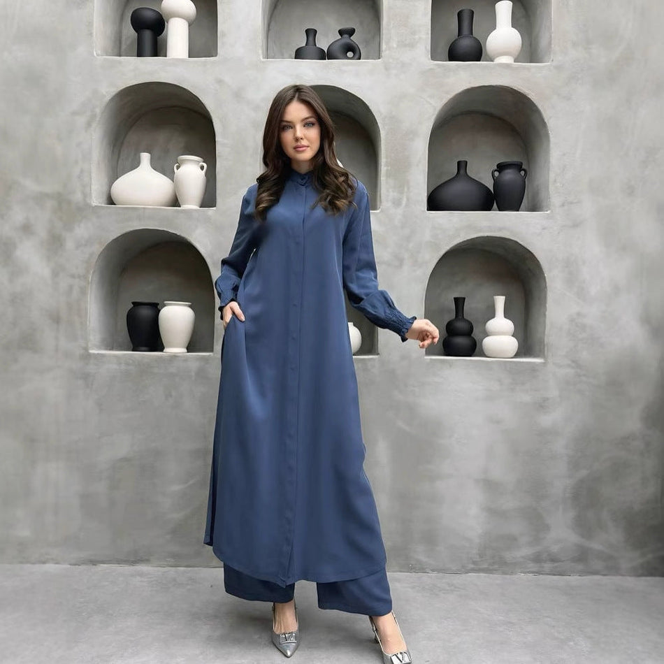 Women's Stand Collar Shirt and Straight-Leg Pants Set