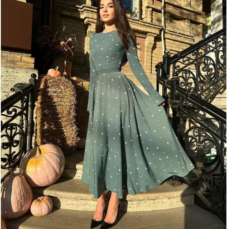 Women's Printed Long Sleeve High Waist Tie Maxi Dress