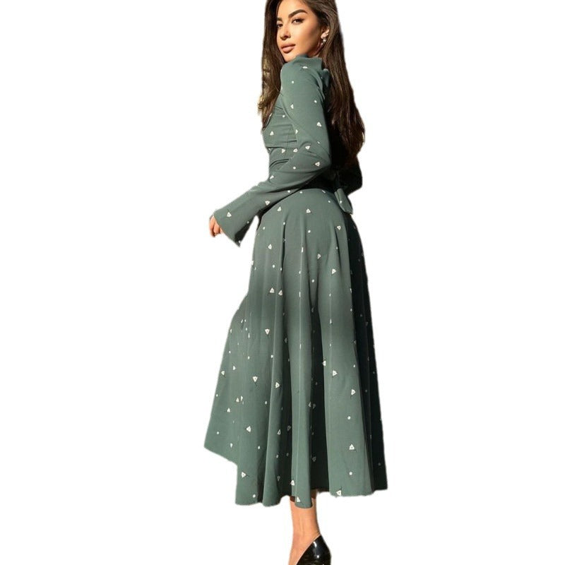 Women's Printed Long Sleeve High Waist Tie Maxi Dress