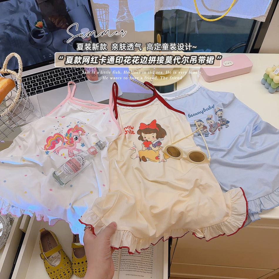 Girls Thin Tencel Princess Sling Summer Nightgown