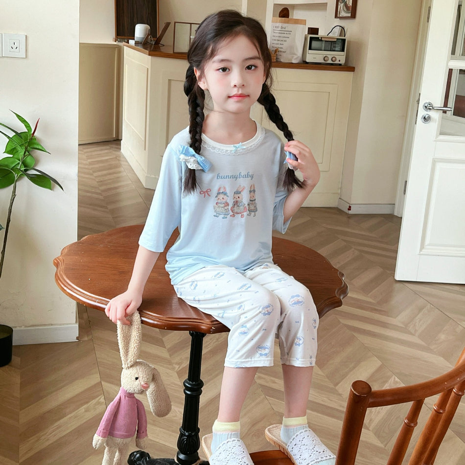 Girls Thin Yassel Summer Seven-Point Sleeve Lace Pajama Set