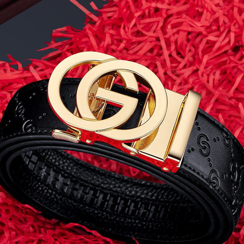 King Paul Men's Leather Belt with Automatic Alloy Buckle in Gold