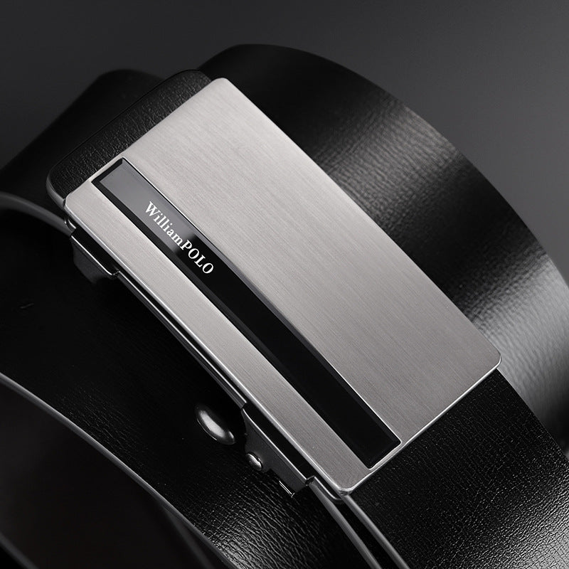 King Paul Men's Leather Belt with Automatic Toothless Buckle in Silver