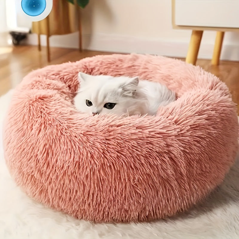 Ultra Soft Fur Donut Cat Bed Cozy Round Pet House in light grey
