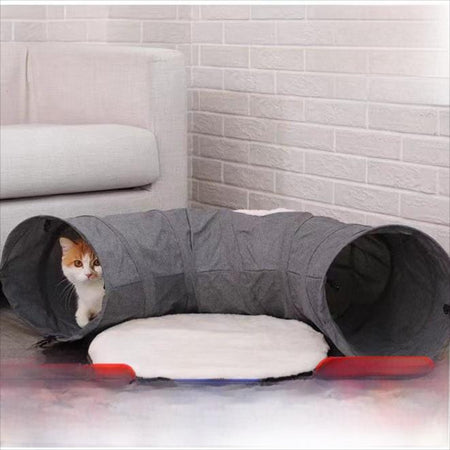 Foldable Gray Cat Tunnel Bed with Fur Ball Toy in grey