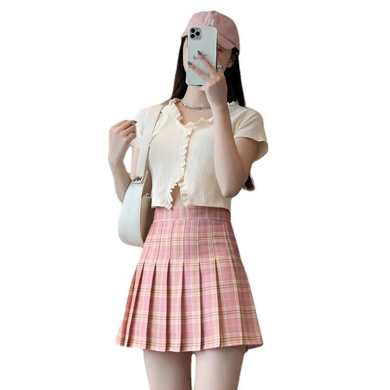 High-Waisted Black A-Line Plaid Pleated Mini Skirt Women Style