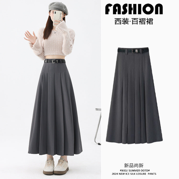 High-Waisted Pleated Midi Skirt with Belt Women Elegant Style