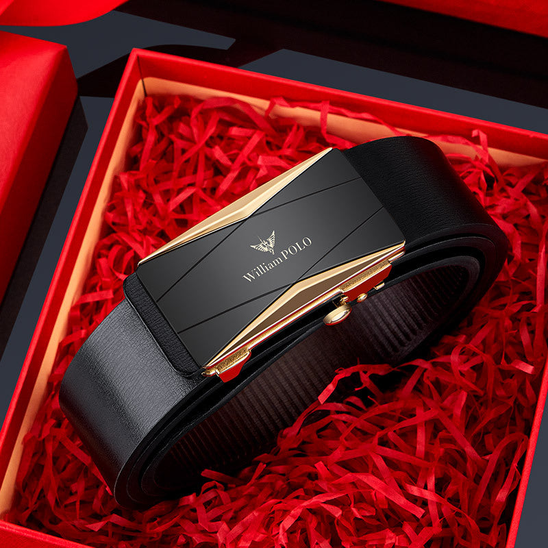 William Polo Leather Belt with Automatic Buckle and Gift Box in Gold