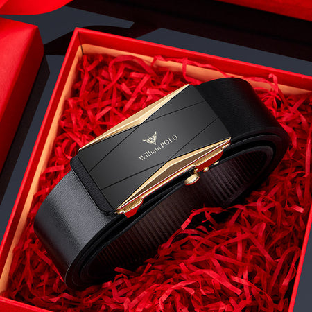 William Polo Leather Belt with Automatic Buckle and Gift Box in Gold