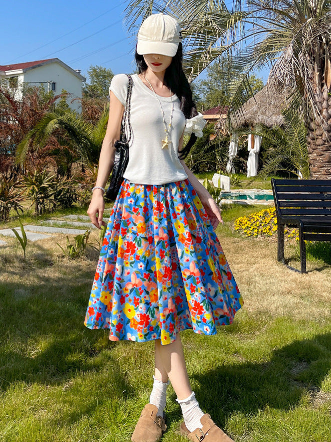 High-Waisted Floral A-Line Midi Skirt Women Retro Elegant Style