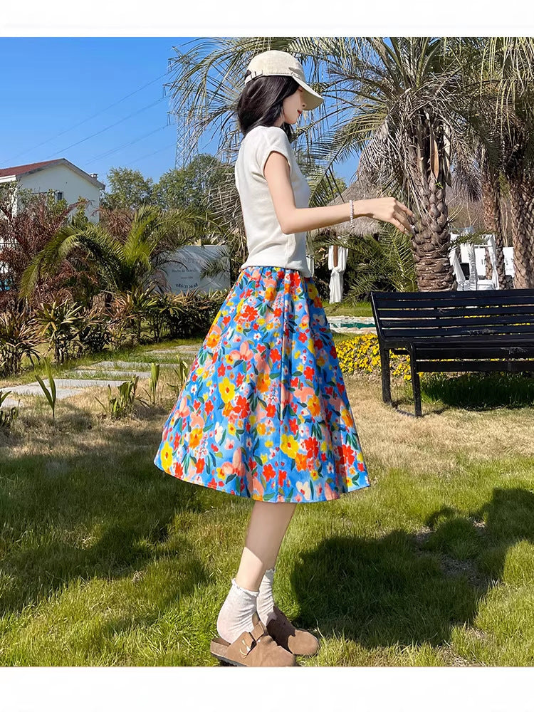 High-Waisted Floral A-Line Midi Skirt Women Retro Elegant Style