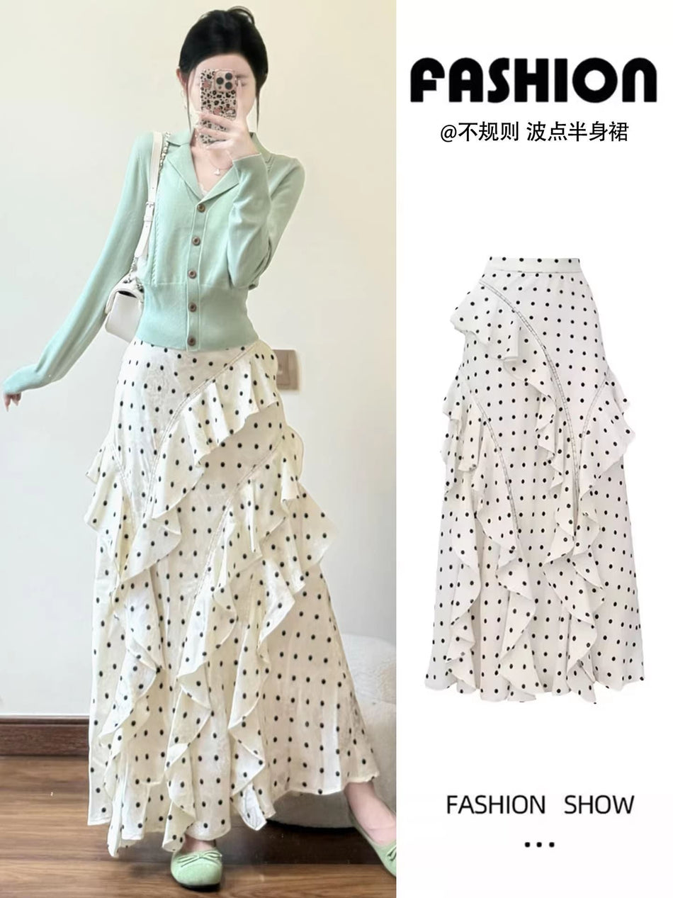 High-Waisted Polka Dot Ruffled A-Line Midi Skirt Women Vintage