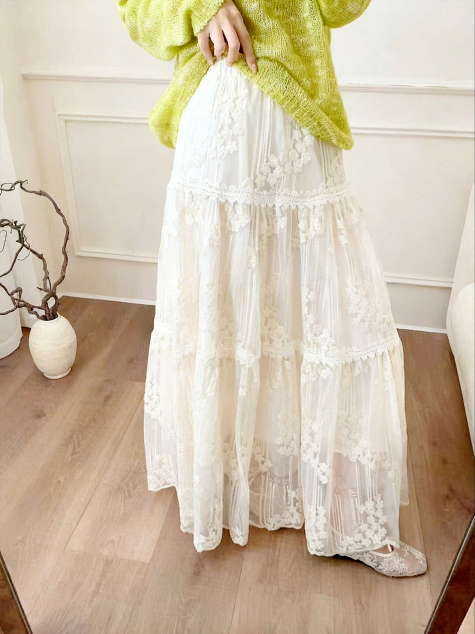High-Waisted Lace Mesh A-Line Maxi Skirt Women Elegant Style