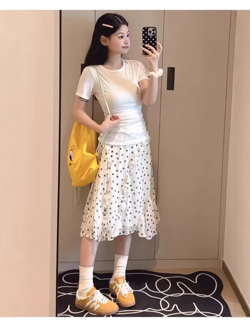 High-Waisted Polka Dot Ruffled Midi Skirt Women French Style