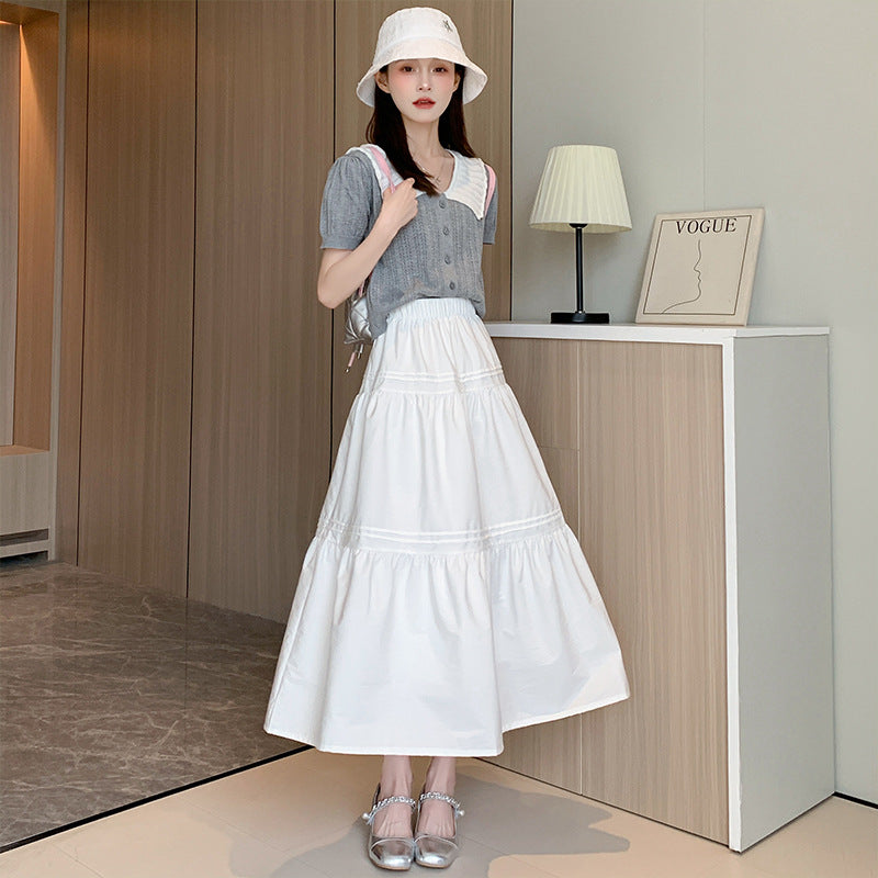 High-Waisted White A-Line Cake Midi Skirt Women Elegant Style