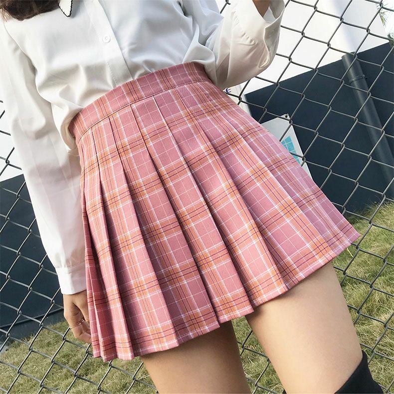 High-Waisted Black Plaid Pleated A-Line Mini Skirt Women JK Style