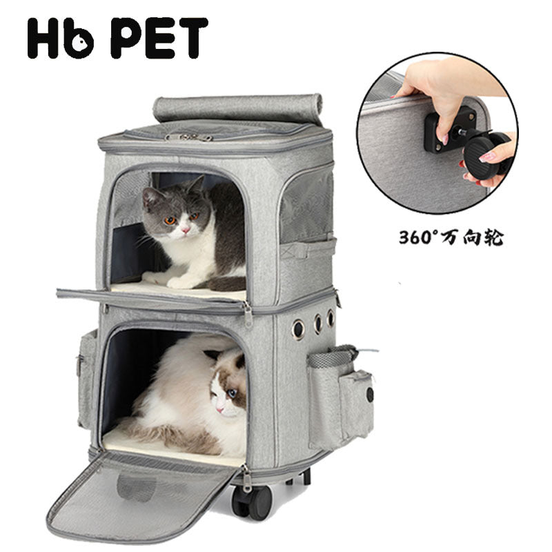 Foldable Double-Layer Pet Trolley Bag with Universal Wheels