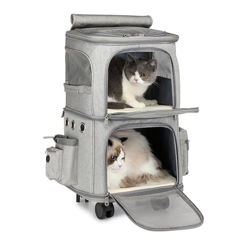 Foldable Double-Layer Pet Trolley Bag with Universal Wheels in black
