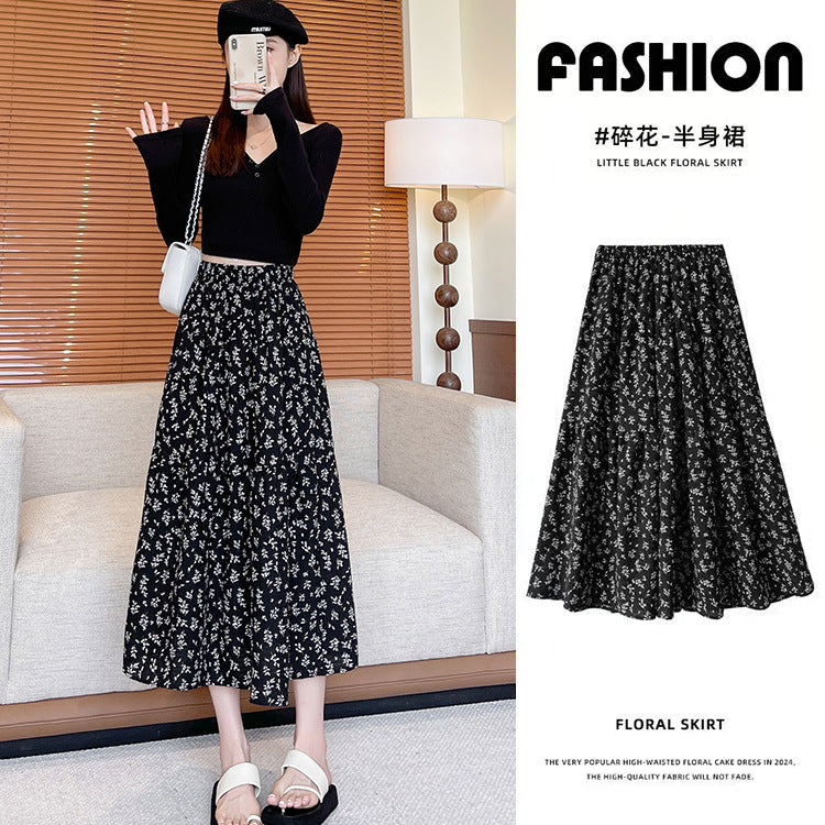High-Waisted Black Floral A-Line Midi Skirt Women French Style