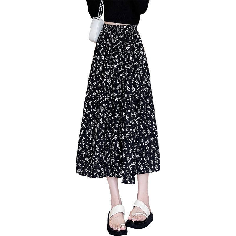 High-Waisted Black Floral A-Line Midi Skirt Women French Style