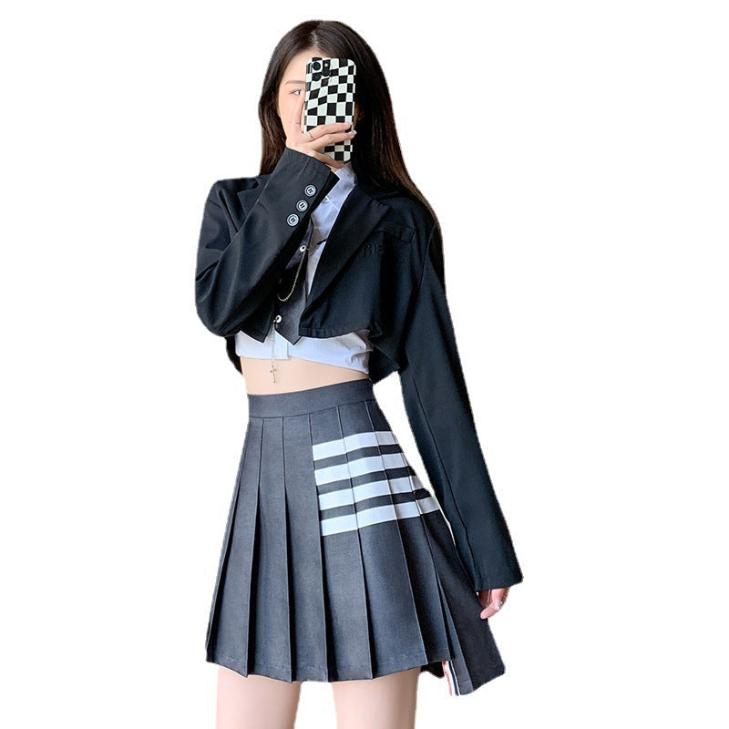 High-Waisted Gray Pleated A-Line Mini Skirt Women JK Style