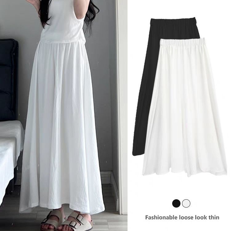 High-Waisted Ice Silk Pleated A-Line Midi Skirt Pants Women Style