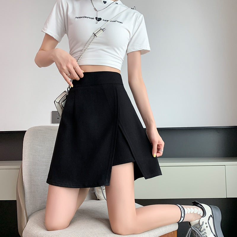 High-Waisted Black Pleated A-Line Slit Mini Skirt Women Plus Size