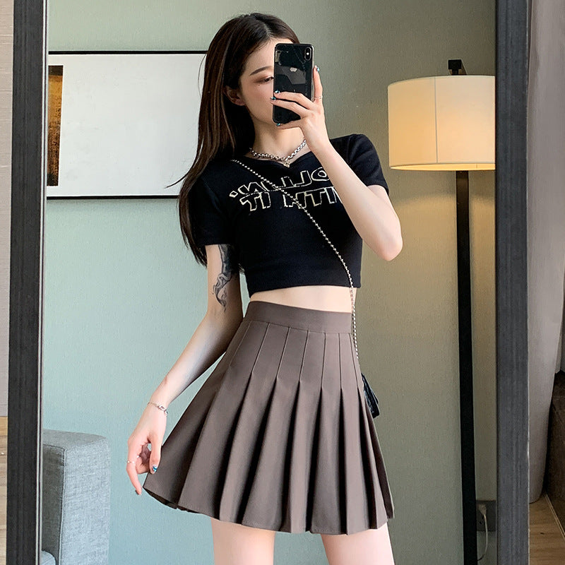 High-Waisted Grey Pleated A-Line Midi Skirt Women JK Style