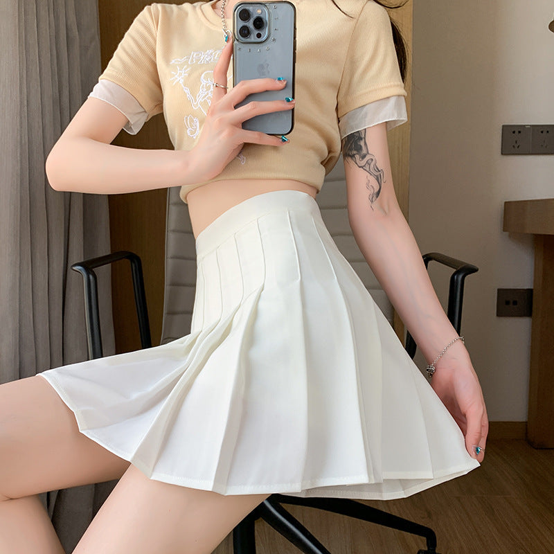 High-Waisted Grey Pleated A-Line Midi Skirt Women JK Style